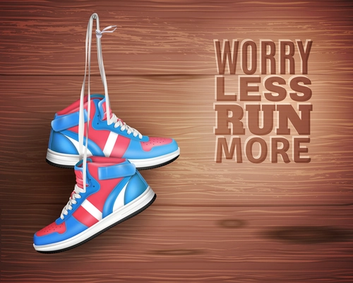 Pair of sports shoes hanging on nail in wood background with description worry less run more realistic vector illustration