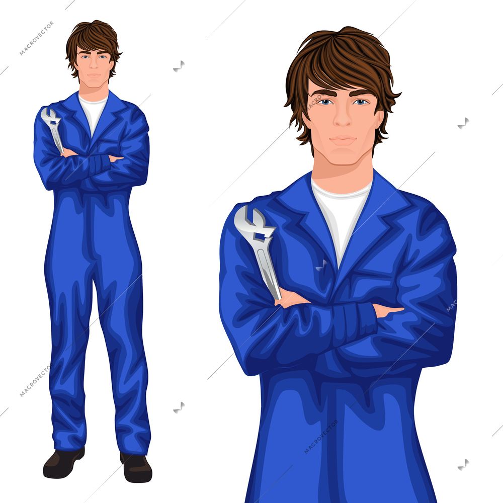 Young handsome male auto mechanic worker standing in blue overall with spanner, arms crossed vector illustration