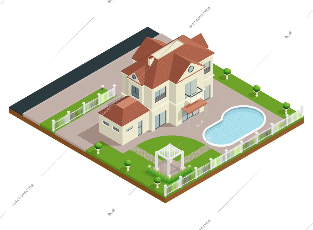 Suburb house isometric composition with swimming pool and lawn vector illustration