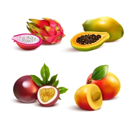 Ripe tropical fruits and slices realistic set with isolated images of mango pitaya papaya and passionfruit vector illustration