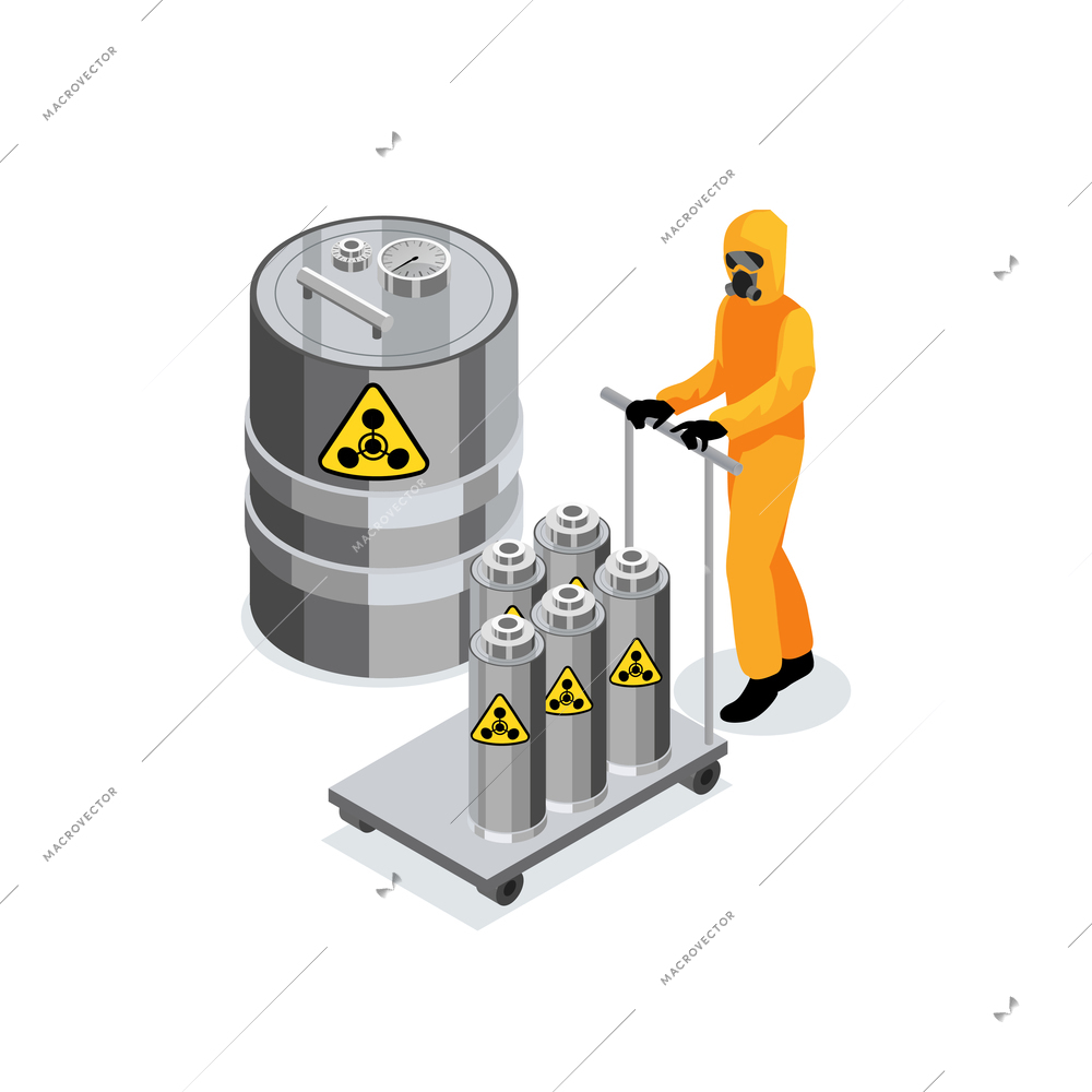 Chemicals composition with worker in chemical protection suit carrying trolley with nuclear radioactive fuel in vessels vector illustration