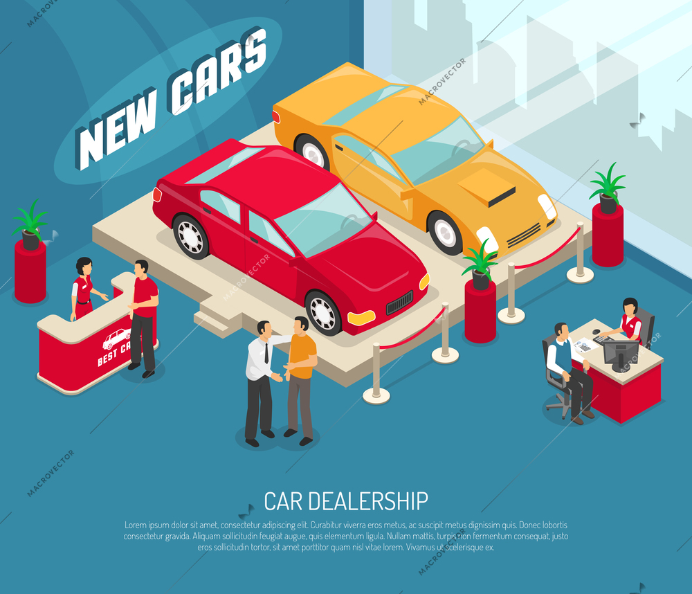 Colored car dealership leasing composition with people who choose and buy cars vector illustration