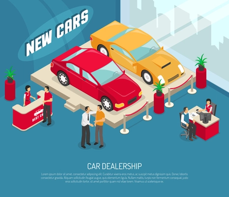 Colored car dealership leasing composition with people who choose and buy cars vector illustration