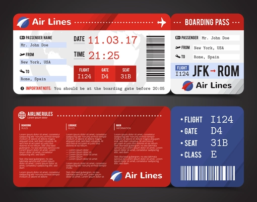 Colored and realistic boarding pass design composition with name of airline time and name on ticket vector illustration