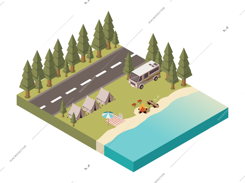 Camp isometric design with road tents and van bonfire near lake picnic blanket under umbrella vector illustration