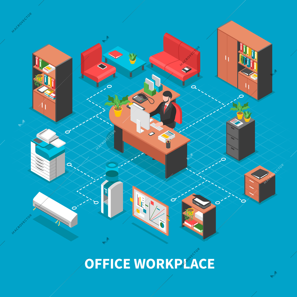 Office workplaces conceptual background with isometric furniture desktop accounting and business machinery connected with dashed lines vector illustration