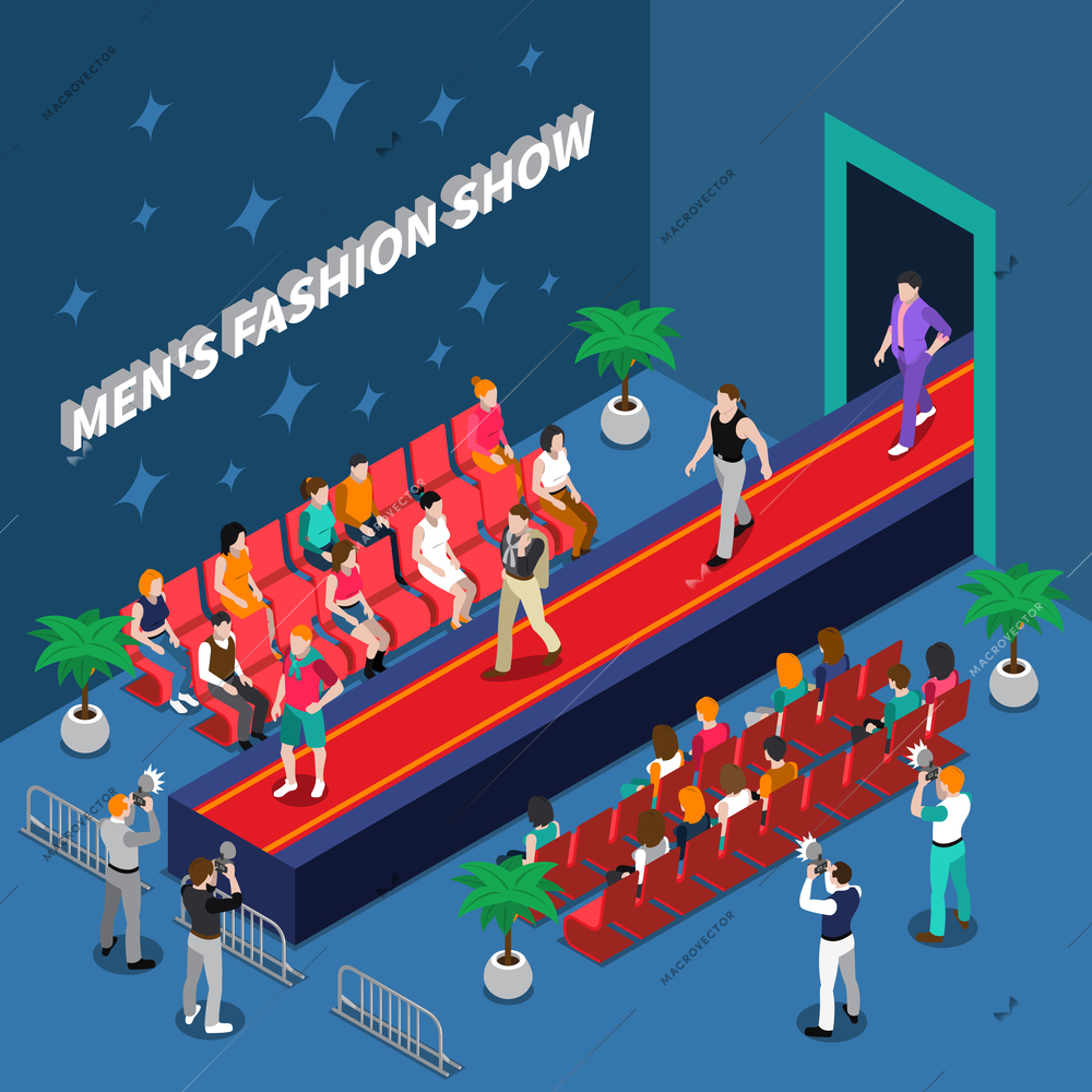 Mens fashion show with models on red walkway spectators and media with cameras isometric vector illustration