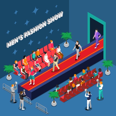 Mens fashion show with models on red walkway spectators and media with cameras isometric vector illustration