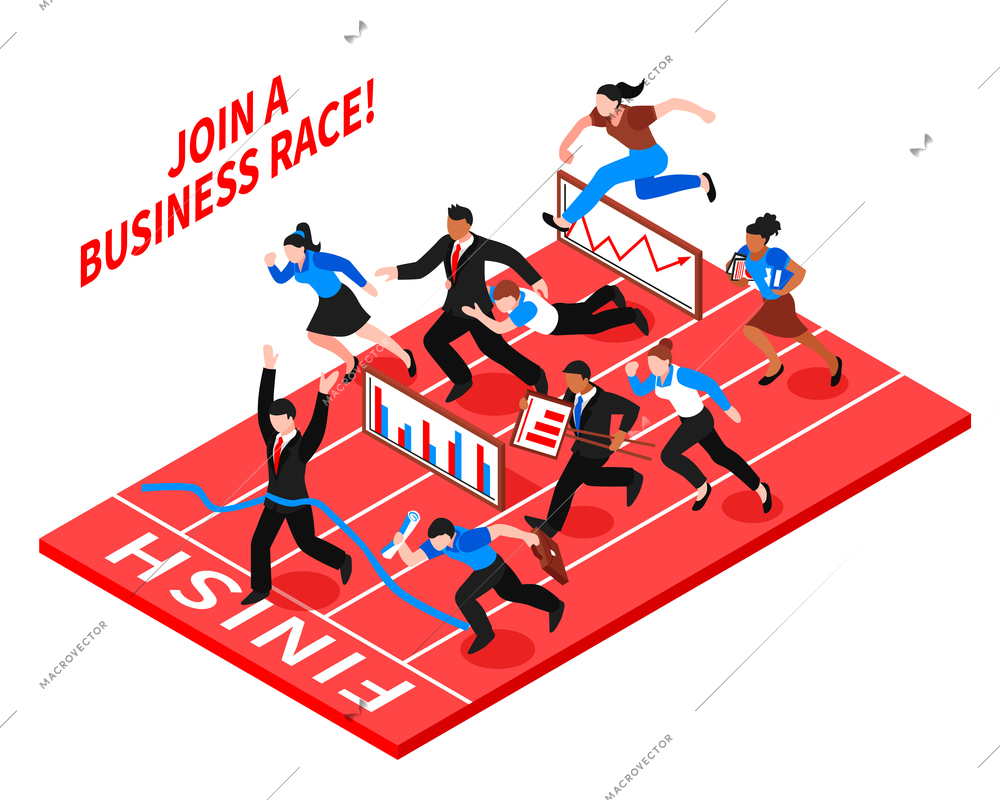 Colored flat competition business composition with running people and join a business race description vector illustration