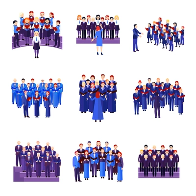 Choir flat icons collection of 9 musical ensembles of singers dressed in blue navy black isolated vector illustration