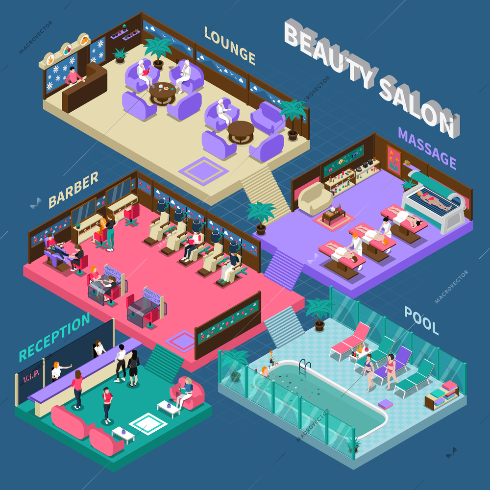 Multistory beauty salon with people reception barber pool massage and lounge on blue background isometric vector illustration