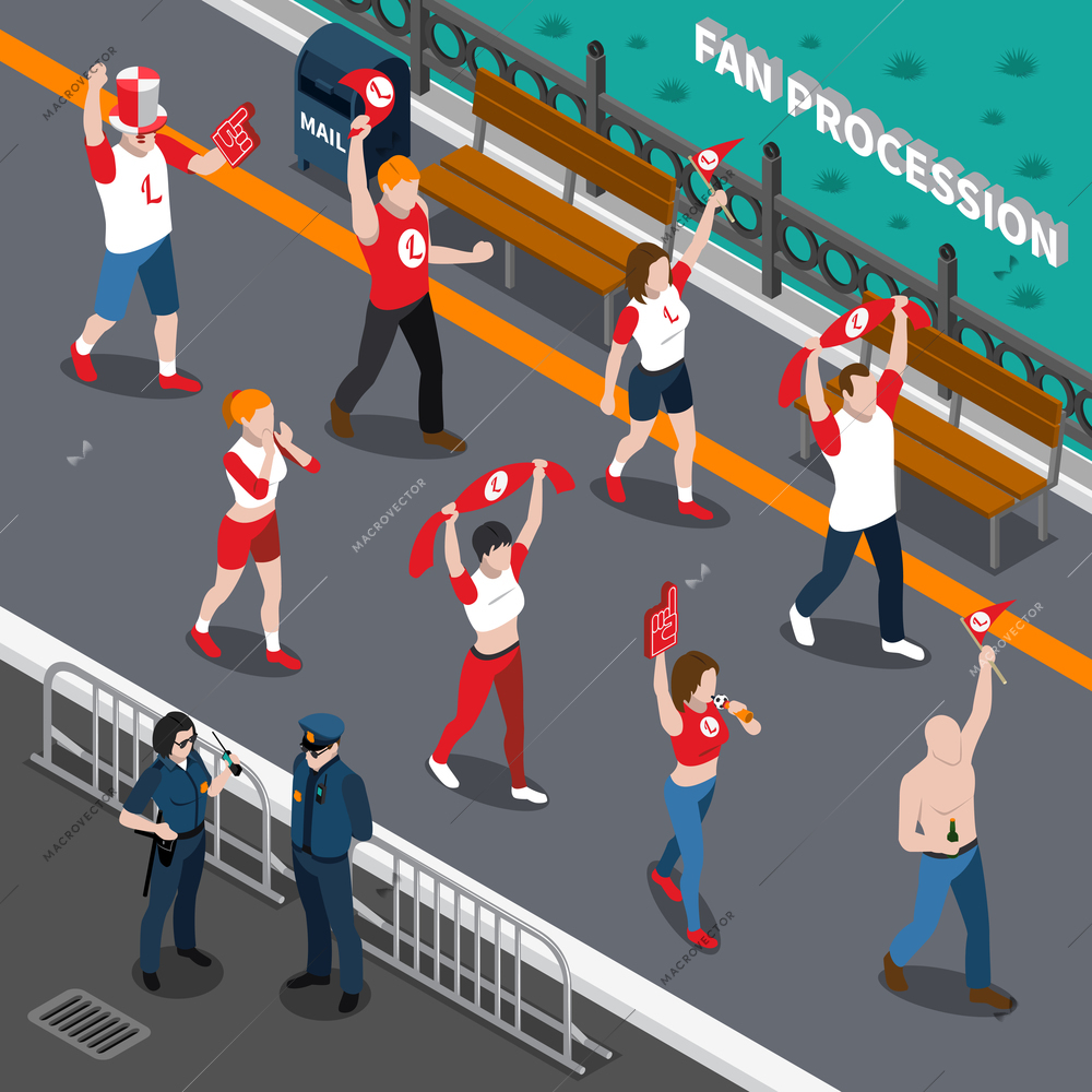 Isometric composition with police and street procession of excited sports fans with red white attributes vector illustration