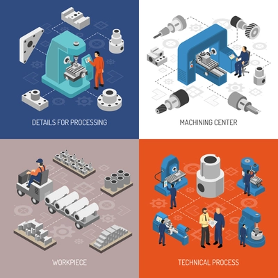 Heavy industry isometric design concept with details and work pieces technical process machining center isolated vector illustration