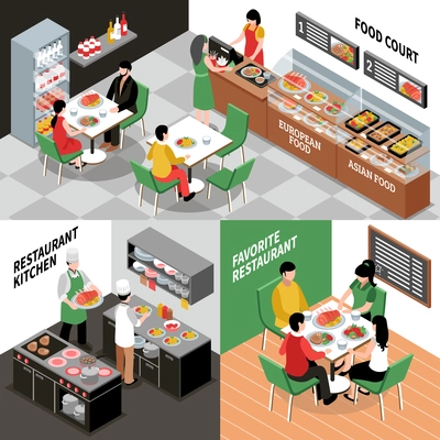 Food court isometric concept with various restaurant rooms salle and kitchen interiors with people and furniture vector illustration