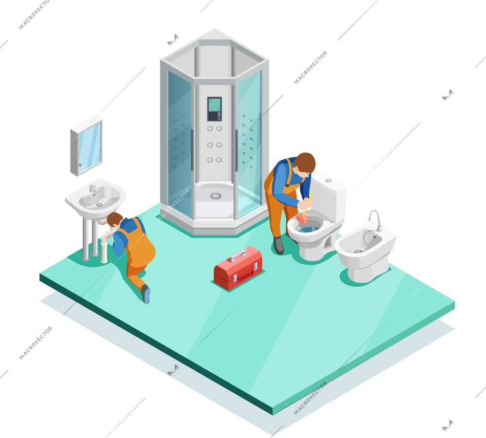 Plumbers fixing problems in modern luxury bathroom with shower cabin enclosure sink and bidet isometric vector illustration