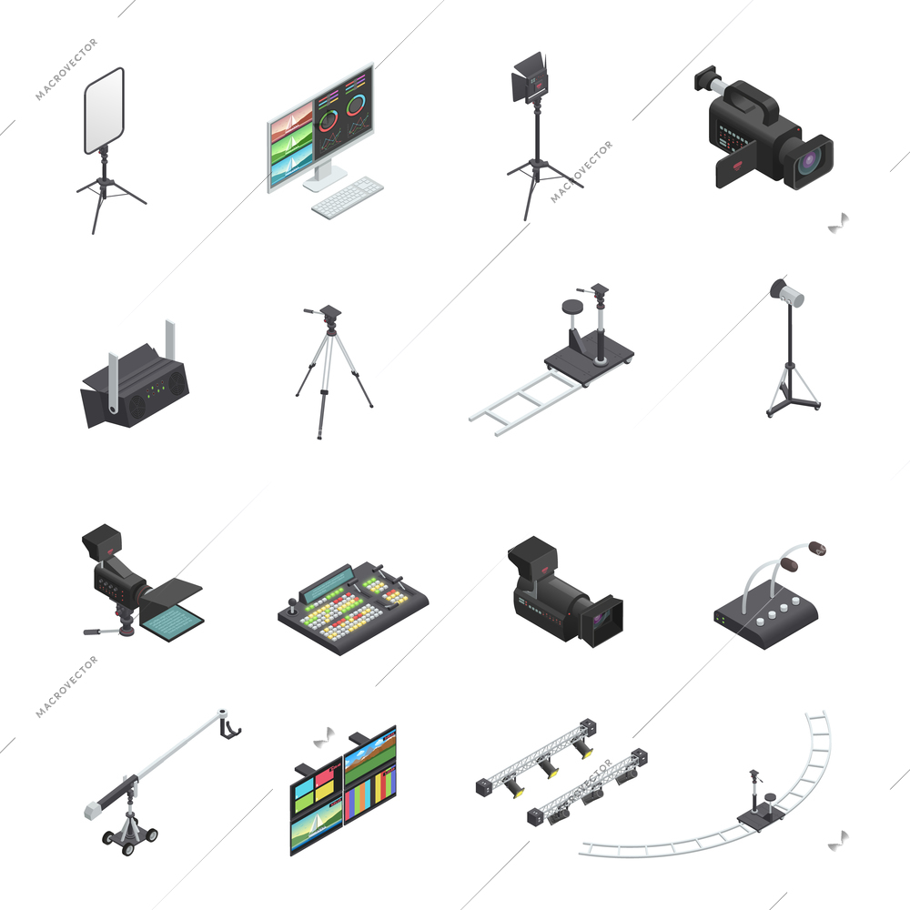 Set of sixteen isolated video and television broadcast studio equipment isometric icons including cameras and lighting vector illustration