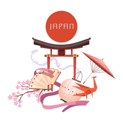 Japanese culture elements including red circle religious shrine sakura origami on white background retro cartoon vector illustration