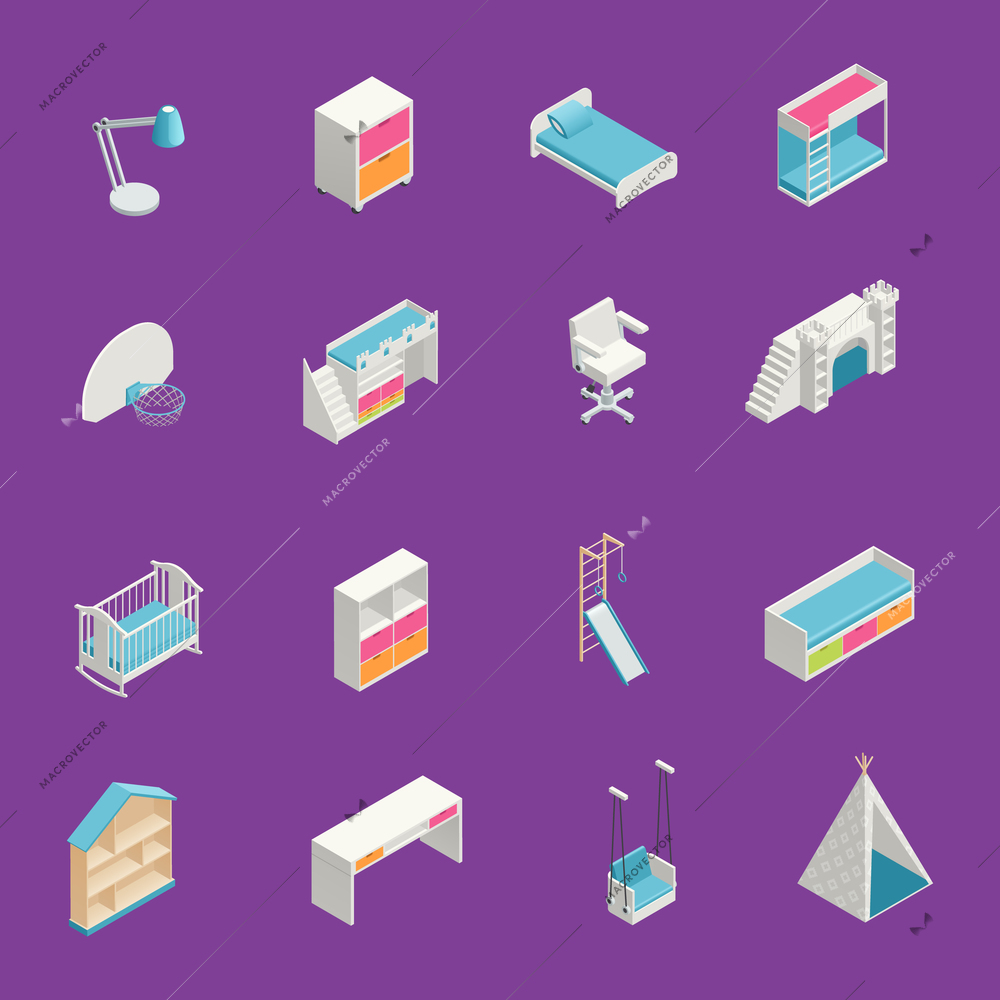 Kids room isometric icons set with furniture on purple background isolated vector illustration