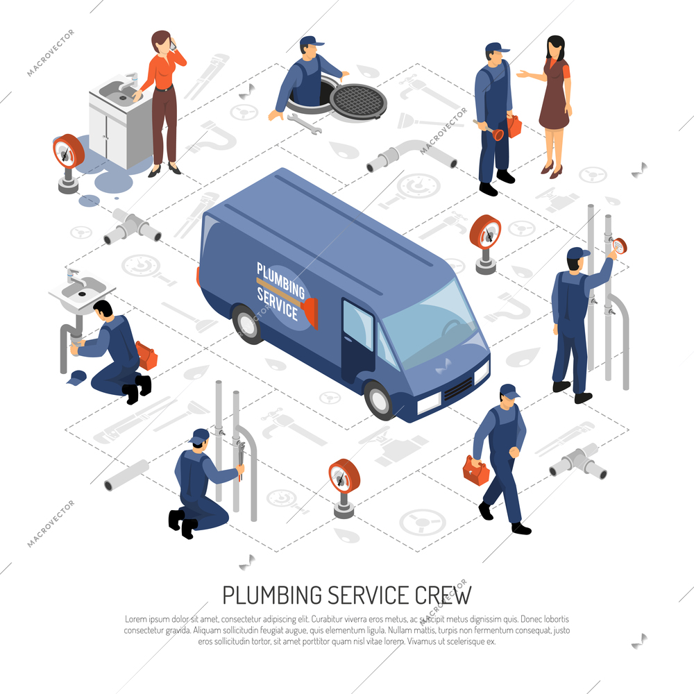 Plumber isometric concept with plumbing service crew symbols vector illustration