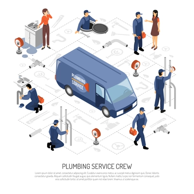 Plumber isometric concept with plumbing service crew symbols vector illustration