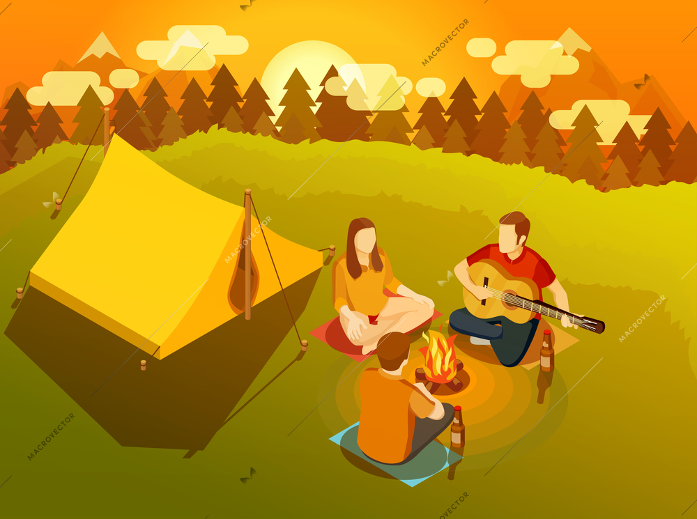 Three young friends singing at sunset around campfire near hiking tent on backcountry trip isometric vector illustration