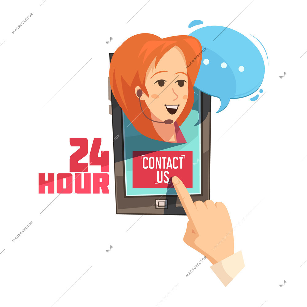 Contact us 24 hour design with hand on mobile device with smiling operator retro cartoon vector illustration