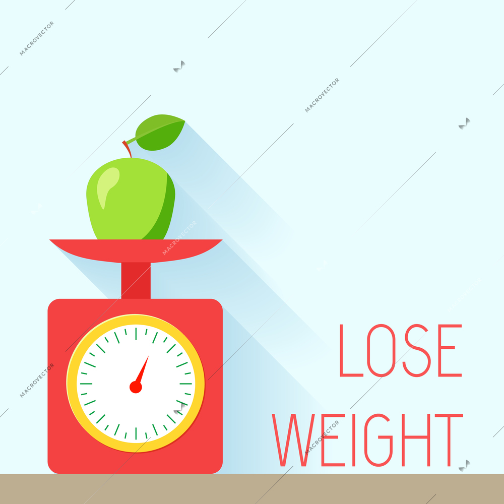 Lose weight diet body balance poster with scales and apple vector illustration