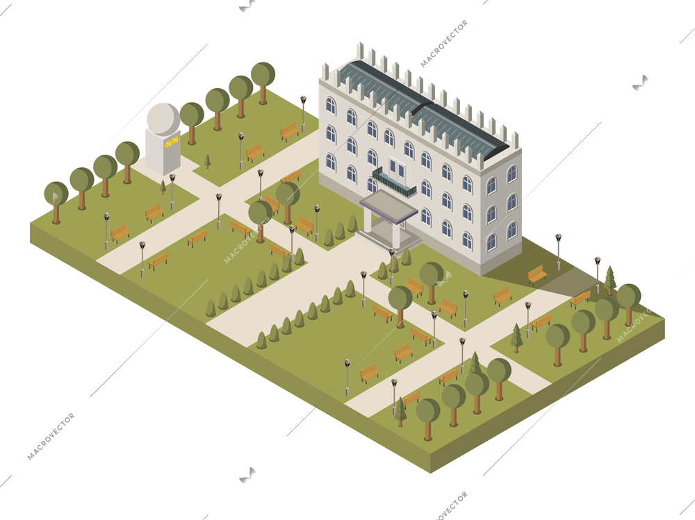 Isometric university composition with university building park and campus vector illustration