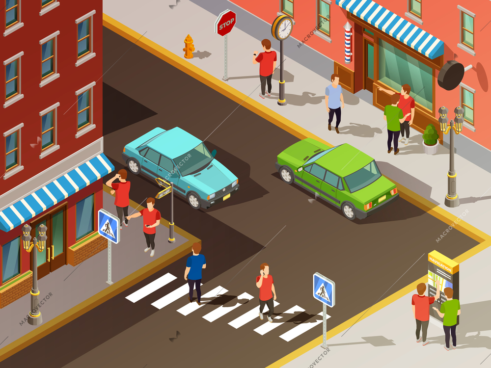 City navigation with digital maps in busy street isometric set vector illustration