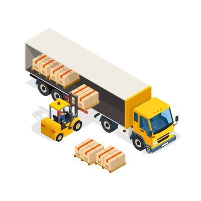 Logistic isometric design composition with worker loading cargo by forklift to big van vector illustration
