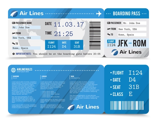 Colored realistic boarding pass composition with information about passenger on the front side and the back vector illustration