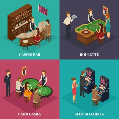Four square casino isometric composition with casino bar roulette card games and slot machines descriptions vector illustration