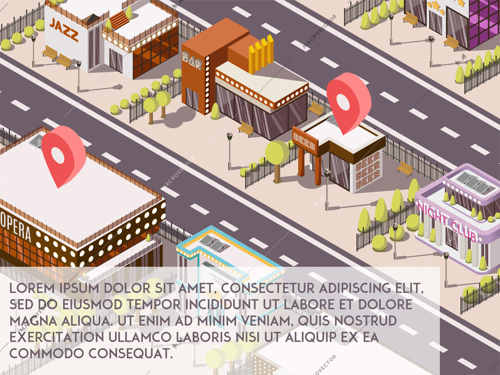 Entertainment places in city isometric set with theatre and cinema vector illustration