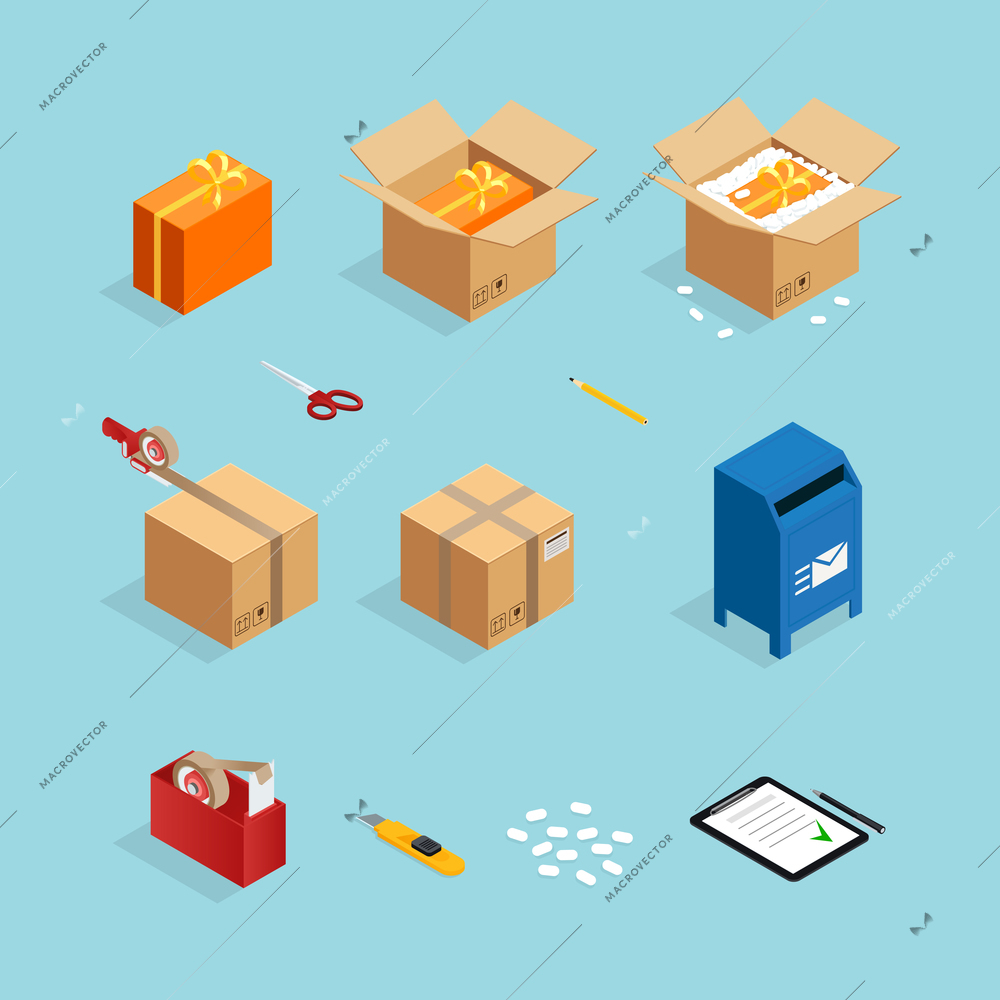 Set of isometric box packing stages icons with gift wrappings sticky tape and carton mail box vector illustration