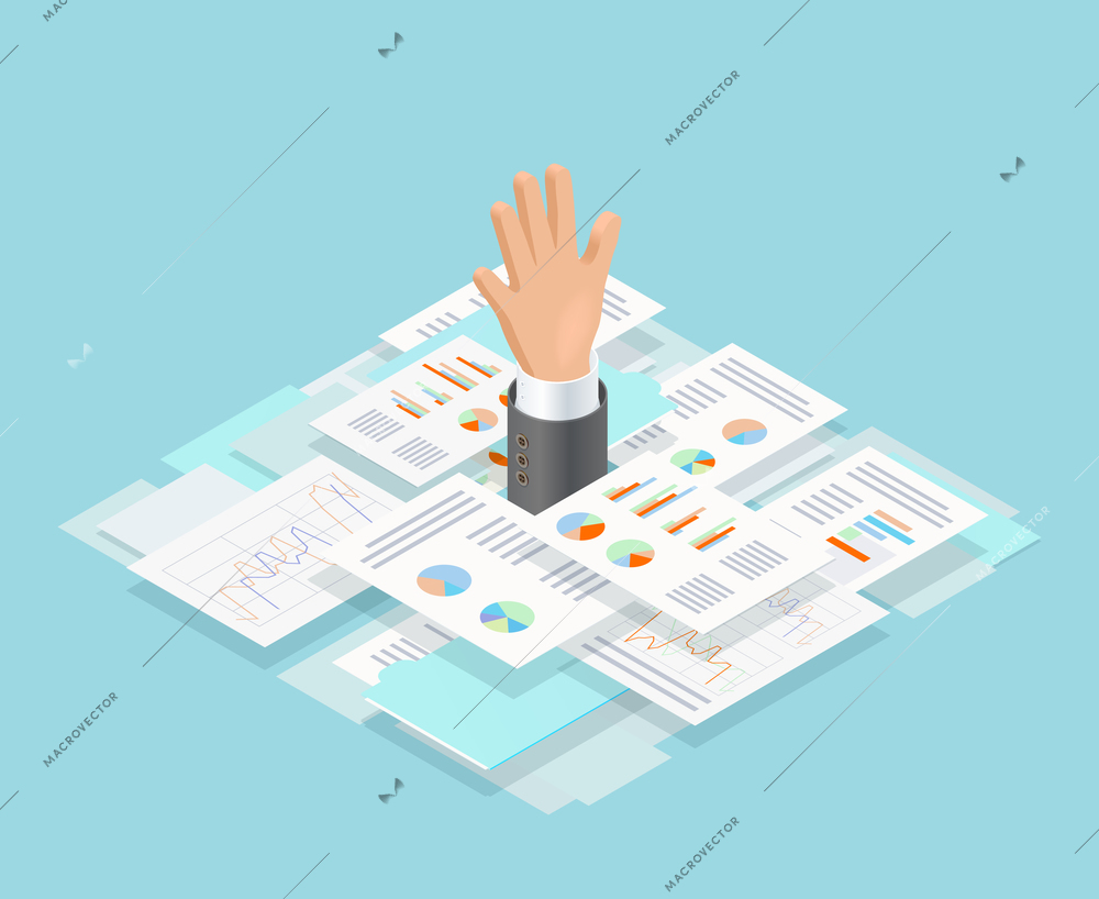 Colored isometric office paper drowning composition with mans hand reaches out of paper vector illustration