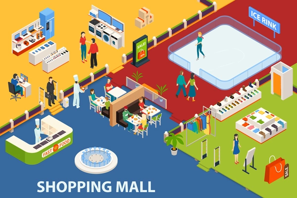 Shopping mall background with isometric indoor shopping plaza restaurants fashion stores with furniture and people characters vector illustration