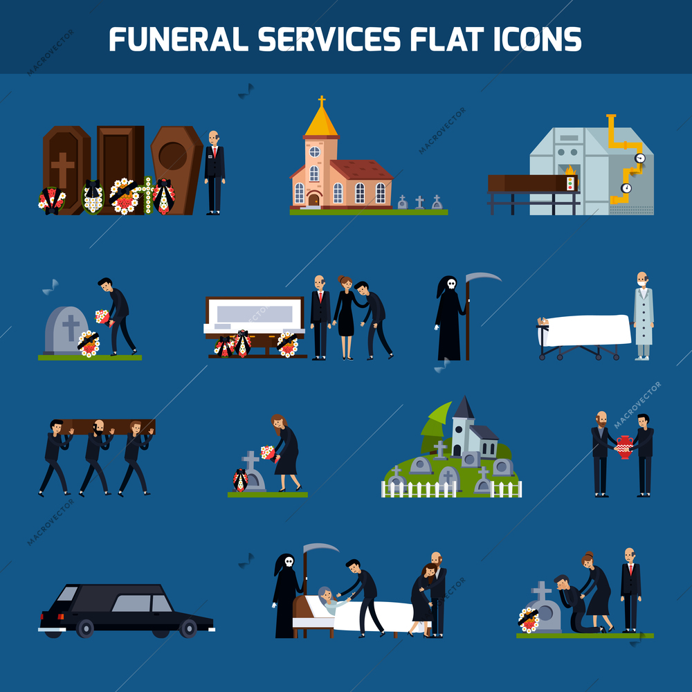 Colored and isolated funeral services flat icon set with death figure and sad people vector illustration