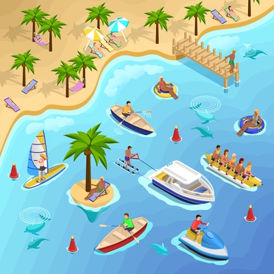 Sea beach vacation isometric composition with tropical landscape and people sunbathing sailing surfing and banana boating vector illustration