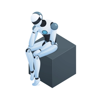 Isometric composition on white background with robot sitting and thinking on black cube 3d vector illustration