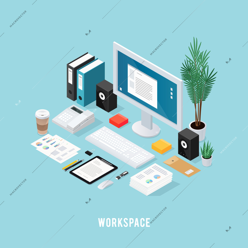 Colored 3d office workspace isometric composition with neatly folded tools on table vector illustration