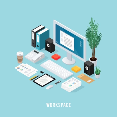 Colored 3d office workspace isometric composition with neatly folded tools on table vector illustration