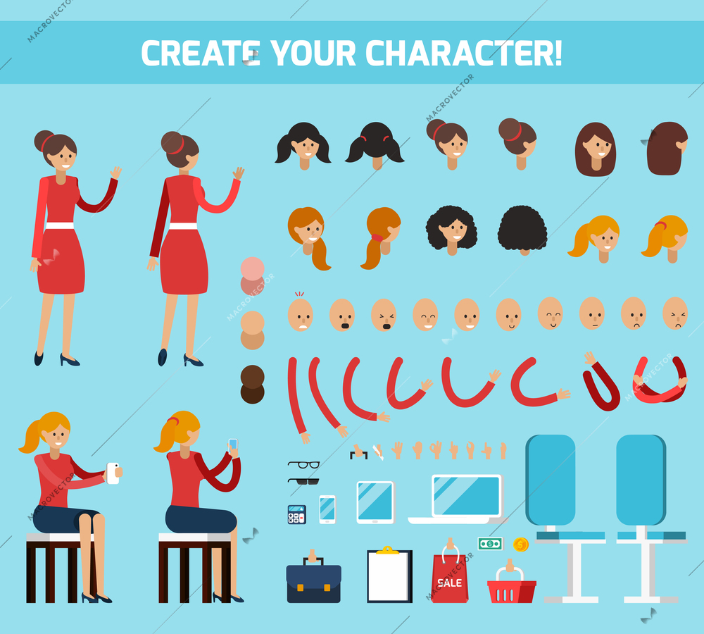 Colored female character constructor flat composition with create your character headline vector illustration