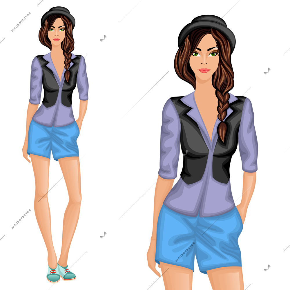 Young sexy attractive long legged hipster geek girl in hat and black gilet vector illustration