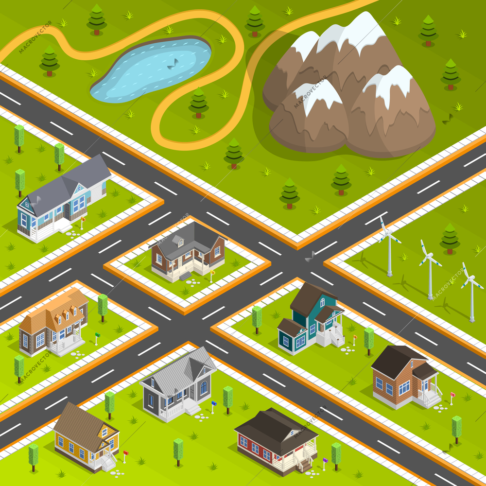 Town buildings isometric background with cottage houses motorway and landscape with lake mountains and turbine towers vector illustration