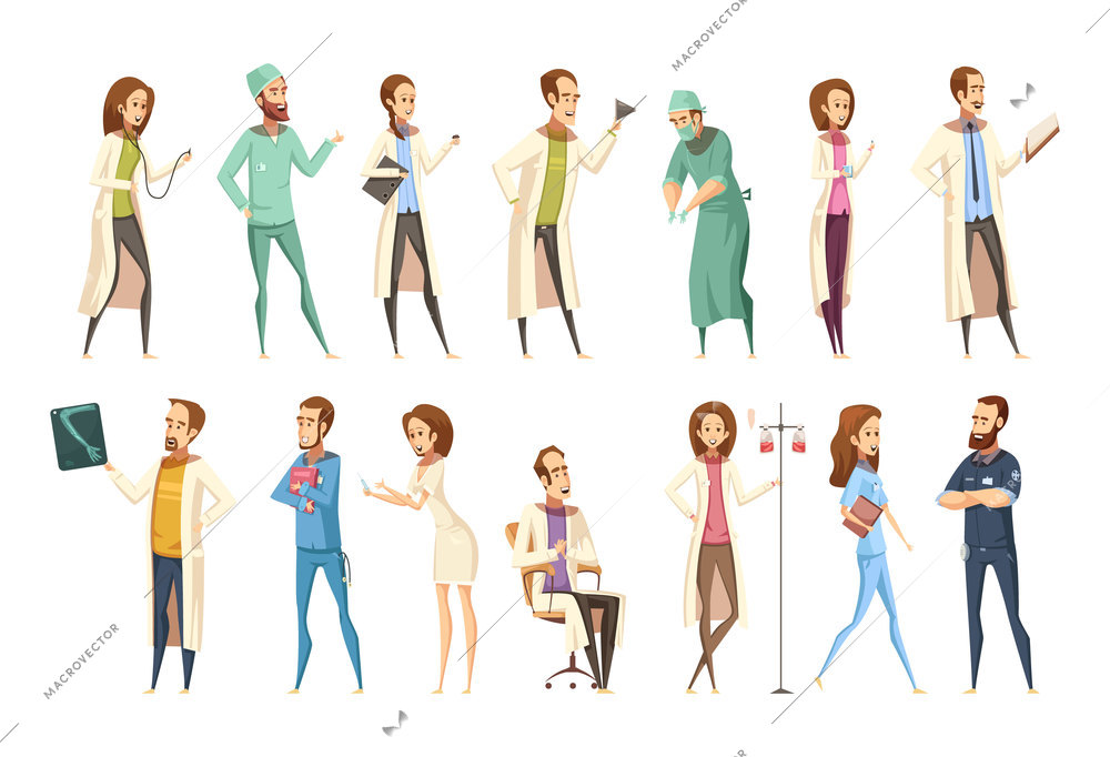 Nurse characters set in cartoon retro style with men and women in different activities isolated vector illustration