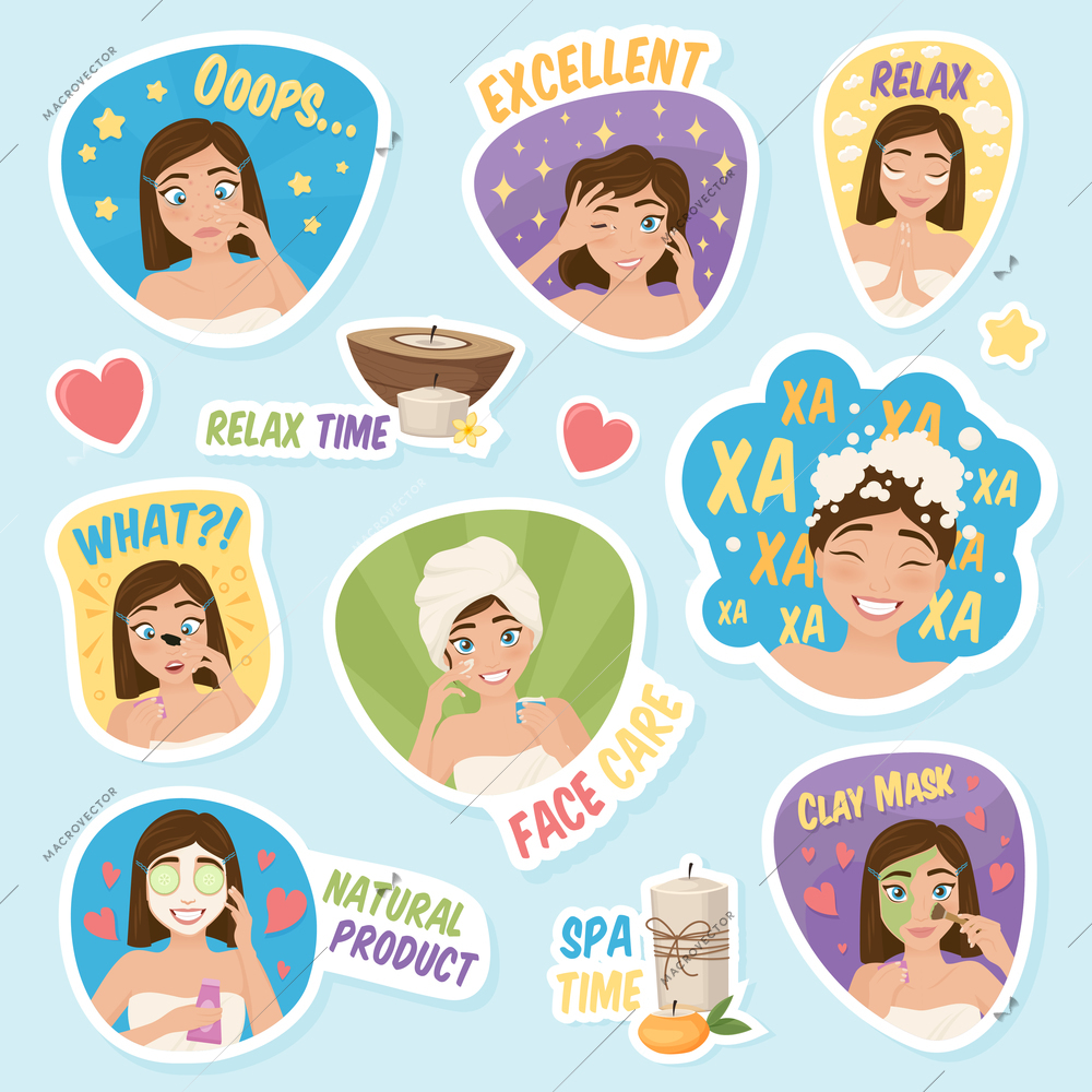 Set of woman morning routine stickies with cartoon girl characters with seamless decorative symbols and  captions vector illustration