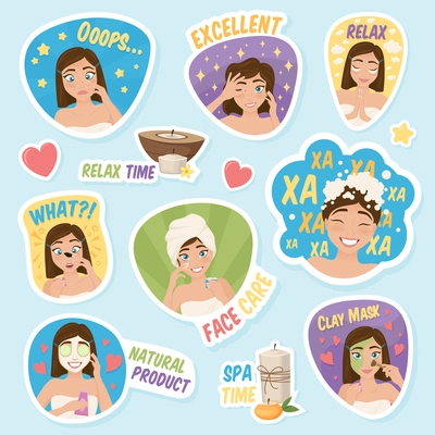 Set of woman morning routine stickies with cartoon girl characters with seamless decorative symbols and  captions vector illustration