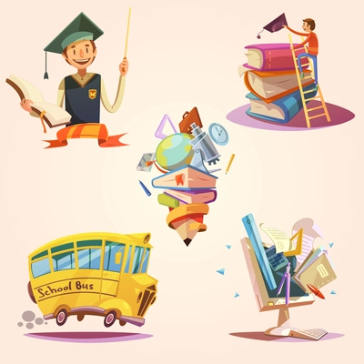 Education cartoon retro set with school supplies isolated vector illustration