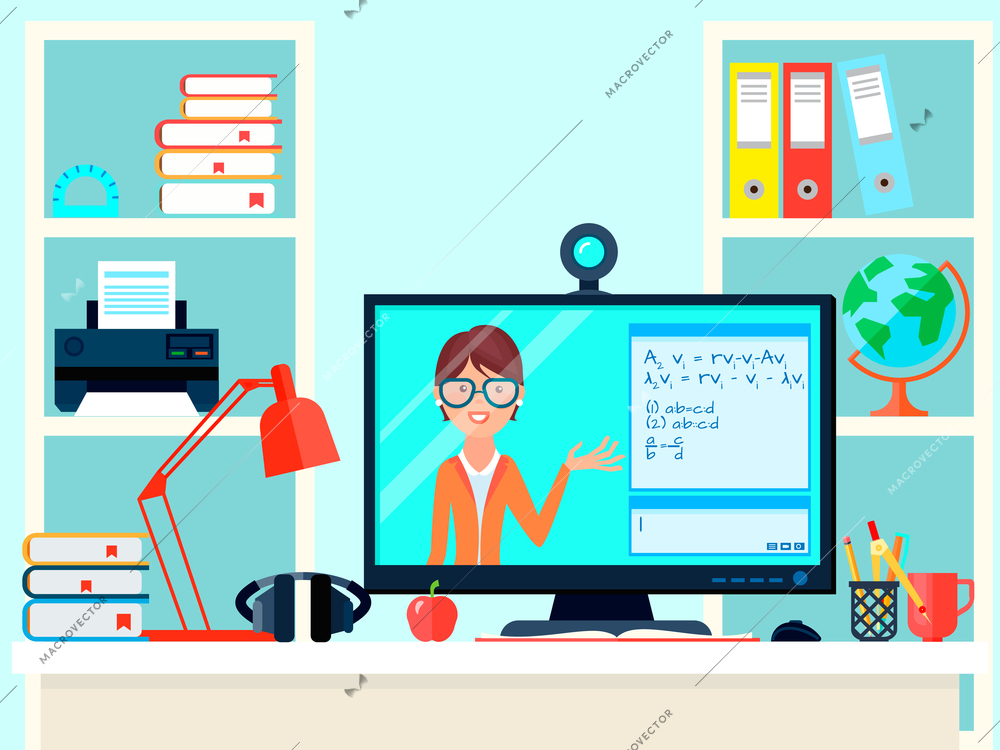 E-learning distance teacher training composition with remote teaching video call domestic workplace with computer screen vector illustration