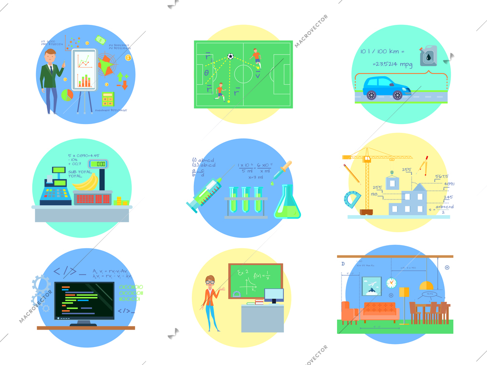 Eight round mathematics compositions set with using maths in different industries and real life with people vector illustration